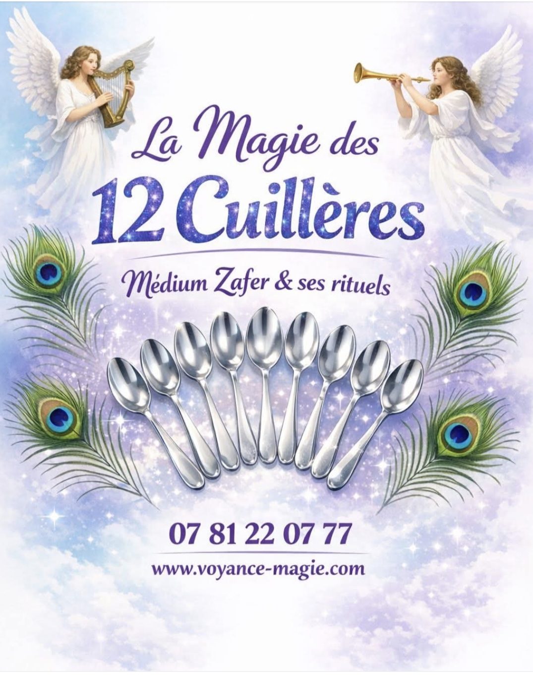 Affiche colorée avec des anges, cuillères et plumes de paon, titre en haut.