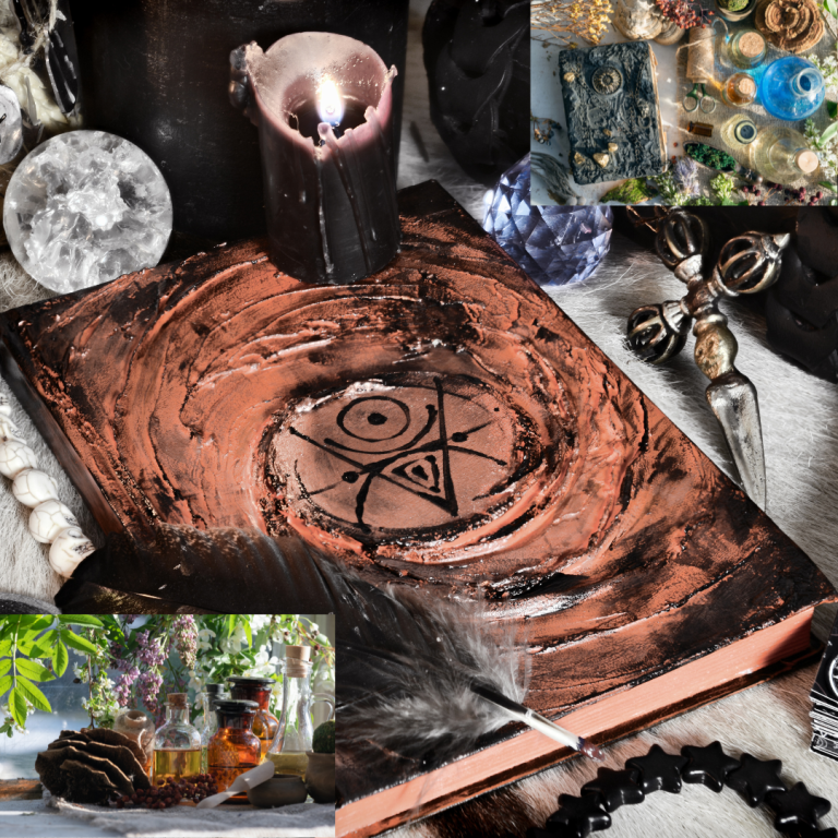Cercle mystique gravé sur un livre, entouré de bougie et objets ésotériques.